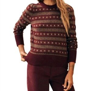 Faherty Fair Isle Puff Sleeve Sweater in Burgundy size medium